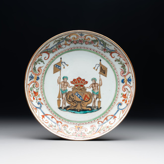 A Chinese famille rose armorial plate with the arms of Goos de Ghyseghem, Vecquemans and Golbeau for the Belgian market, Yongzheng, ca. 1730