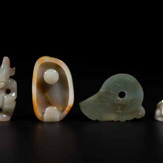Three Chinese jades and an agate belt hook, Shang and later