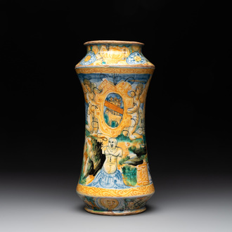 An Italian maiolica albarello with the arms of Boerio, Angelo and Ludovico Picchi workshop, Casteldurante, ca. 1562-1563
