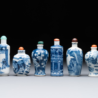 Six Chinese blue and white snuff bottles, 19th C.