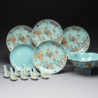 A set of 14 Chinese turquoise-ground famille rose dinner service, Qianglong mark, 19th C.