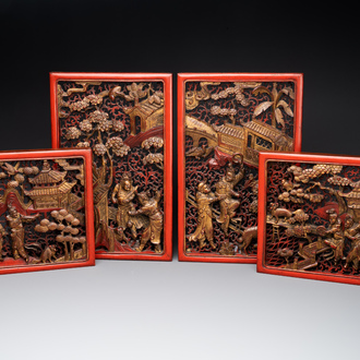 Two pairs of Chinese carved, lacquered and gilt-decorated wooden panels with figural design, 19th C.