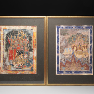 Thai school: 'Two votive scenes', ink and colour on canvas, 19th C.