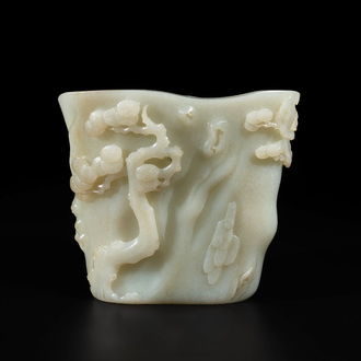 A Chinese white jade 'pine tree' brush pot, Qianlong