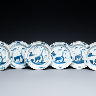 Six Chinese blue and white ko-sometsuke 'ox' plates for the Japanese market, Transitional period