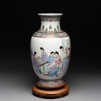 A Chinese famille rose vase with ladies on wooden stand, Qianlong mark, Republic