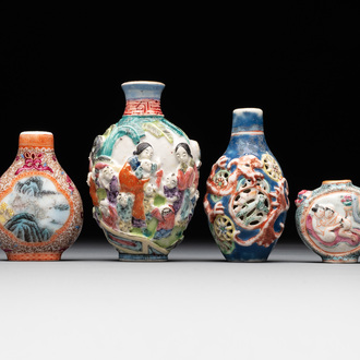 Four Chinese famille rose snuff bottles, Qianlong and Daoguang mark, 19/20th C.