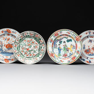 A Chinese famille rose 'Magu' plate, a famille verte plate and two Imari-style plates with floral design, Kangxi/Yongzheng