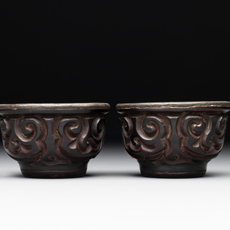 A pair of Chinese silver-lined tixi lacquer cups, Ming