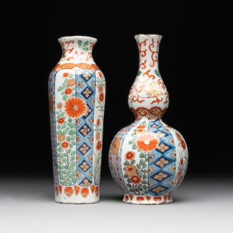Two polychrome Dutch Delft petit feu vases with floral design, early 18th C.