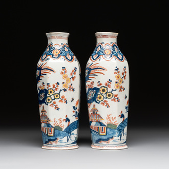 A pair of polychrome Dutch Delft octagonal chinoiserie vases, 18th C.