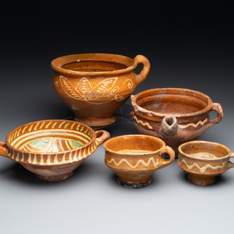 Five slipware vessels, The Netherlands, 17th C.