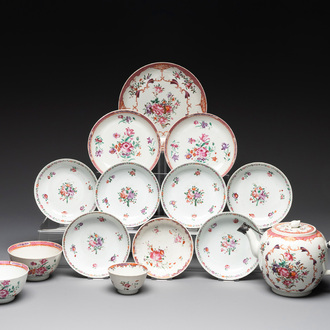 A Chinese famille rose 'Lowestoft' teapot, a plate, three cups and nine saucers, Qianlong