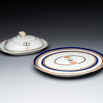 A Chinese export famille rose covered tureen and an oval dish with strainer, Jiaqing