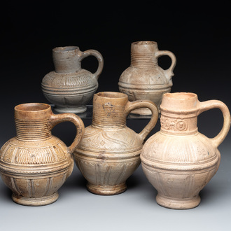 Five Siegburg stoneware jugs, 16th C.
