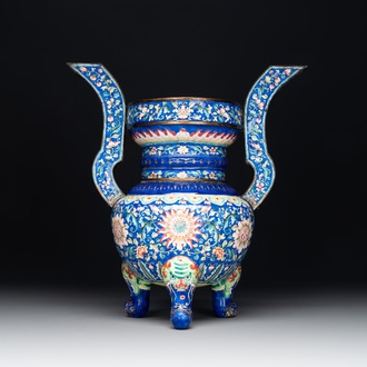 A Chinese blue-ground Canton enamel 'flower scroll' censer, Qianlong