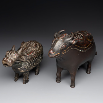 Two Chinese bronze buffalo-form vessels and covers, 'xizun 犧尊', Ming