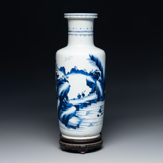 A Chinese blue and white rouleau vase with fishermen in a landscape, Kangxi