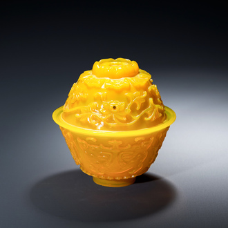 A fine Chinese yellow Peking glass bowl and cover, Qianlong mark and of the period