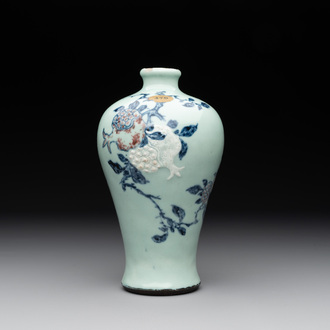 A rare Chinese blue, white and iron-red celadon-ground 'pomegranate' 'meiping' vase, Qianlong mark and of the period