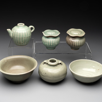A collection of six Chinese Longquan celadon wares, Yuan/Ming