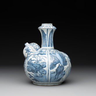 A Chinese blue and white 'kraak' porcelain 'deer and rooster' kendi, Wanli