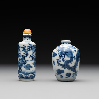Two Chinese blue and white 'dragon' snuff bottles, Chenghua and Qianlong mark, 19th C.