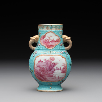 A Chinese famille rose puce-enamelled turquoise-ground 'hu' vase, Republic