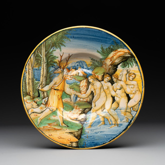 An Italian maiolica istoriato dish with Diana and Actaeon, Urbino, ca. 1550