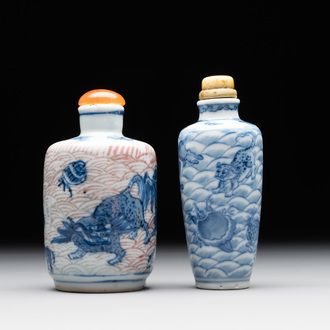Two Chinese blue, white and copper-red 'mythical animals' snuff bottles, Qianlong mark and of the period