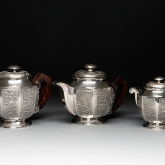 Two Vietnamese silver teapots and a sugar bowl and cover, marked Donghung, ca. 1900