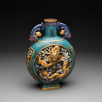 A Chinese cloisonné 'dragon and phoenix' moonflask vase, 'bianhu', 19/20th C