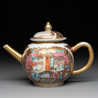A Chinese Canton gilt-decorated famille rose 'go players' teapot, Yongzheng