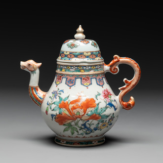 A Chinese famille rose 'dragon spout' teapot with floral design, Yongzheng/Qianlong