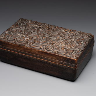 A Chinese rectangular silver-inlaid zitan 'dragon' box and cover, 17/18th C.