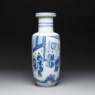 A Chinese blue and white rouleau vase with narrative design, Kangxi