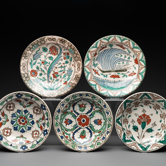 Five European Iznik-style pottery plates, 19th C.