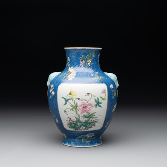 A Chinese famille rose blue-sgraffito-ground 'hu' vase, Qianlong mark, Republic