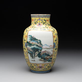 A Chinese famille rose yellow-ground lantern-shaped 'landscape' vase, Qianlong mark, Republic