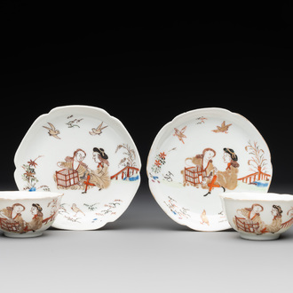 A pair of fine Chinese export 'Liberty and Matrimony' cups and saucers, Yongzheng