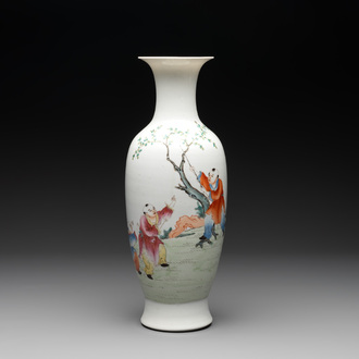 A Chinese famille rose 'playing boys' baluster vase, Hongxian mark, Republic