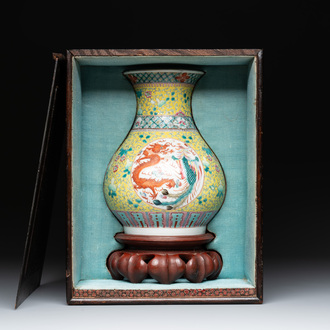 A Chinese famille rose yellow-ground 'dragon and phoenix' vase and a fitted box, Qianlong mark, Republic
