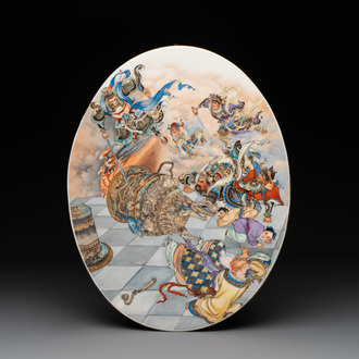 An oval Chinese polychrome-decorated 'Monkey King 孫悟空' plaque, 20th C.