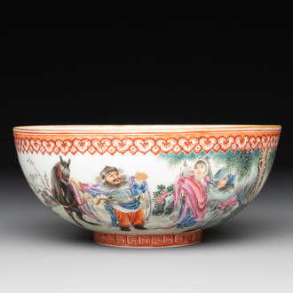 A fine Chinese famille rose eggshell 'Qiu Ran Ke Zhuan 虬髯客傳' bowl, signed Zeng Fuqing 曾福慶 and seal mark, 20th C.