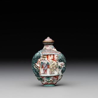 A Chinese famille rose relief-molded snuff bottle with an animated river landscape, Jiaqing mark and of the period