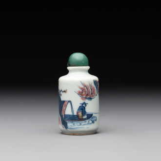A Chinese blue, white and copper-red 'fisherman' snuff bottle, Qing Yang Dao Ren 卿陽道人 mark, 19th C.
