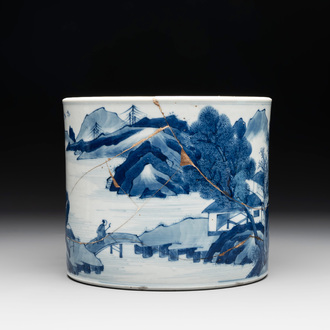 A Chinese blue and white 'landscape' brush pot, Kangxi