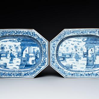 A pair of octagonal Chinese blue and white 'court ladies' dishes, Yongzheng