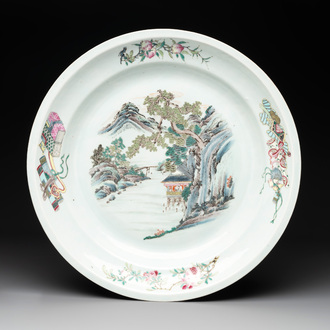 A Chinese famille rose 'mountainous river landscape' dish, 19th C.