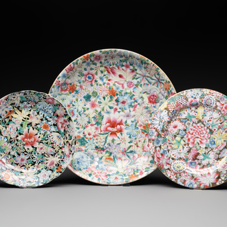 A Chinese famille rose 'millefleurs' dish and two plates, Qianlong and Jiu Jiang Jin Hua 九江錦華 mark, 20th C.